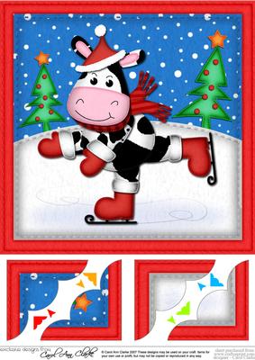 8 x 8 Xmas Skating Milly Moo Cow Scalloped Corner Topper
