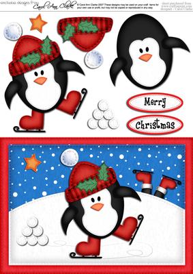A5 Xmas Skating Penguin Quick Card N 3D Decoupage