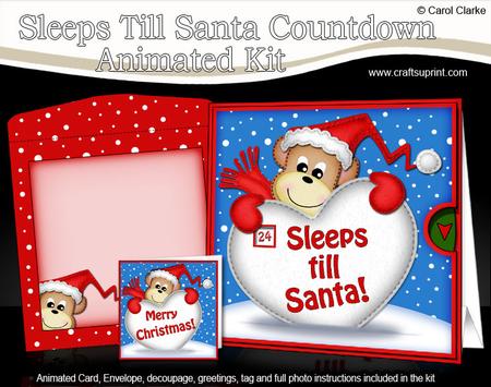 3D Xmas Monkey Sleeps Till Santa Countdown Moveable Card