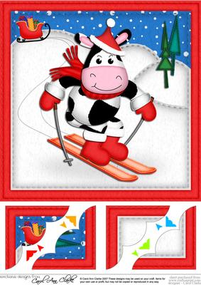 8 x 8 Xmas Skiing Milly Moo Cow Scalloped Corner Topper