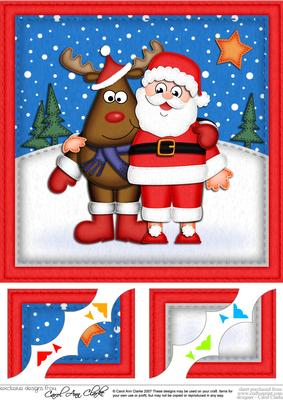 8 x 8 Xmas Santa N Rudolph Scalloped Corner Topper