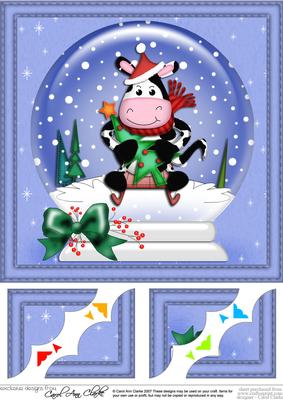8 x 8 Xmas Sledging Milly Moo Cow Snowglobe Scalloped Corner