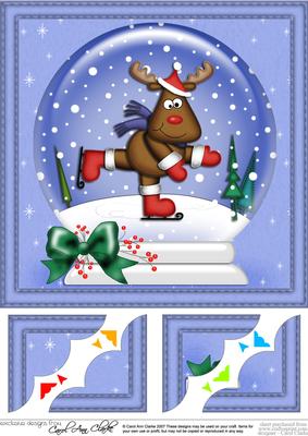 8 x 8 Xmas Skating Rudolph Snowglobe Scalloped Corner