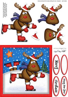 Xmas Skating Rudolph Quick Card N 3D Decoupage