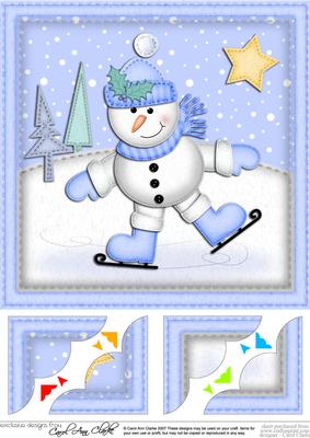 8 x 8 Xmas Skating Snowman Scalloped Corner Topper