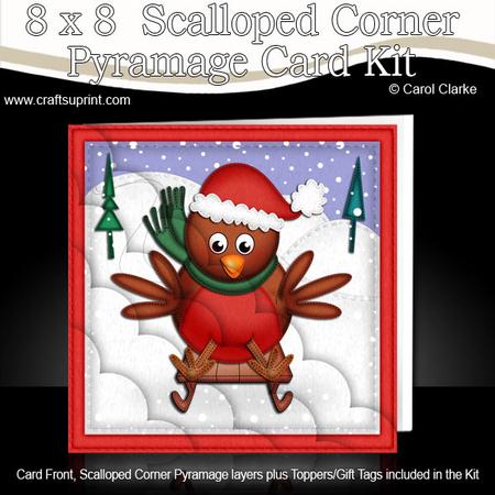 8 x 8 Xmas Sledging Robin Card Scalloped Corner Kit