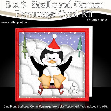 8 x 8 Xmas Sledging Penguin Card Scalloped Corner Kit