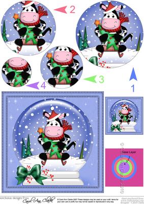 Xmas Sledging Milly Moo Cow Snowglobe Circle Pyramage Topper