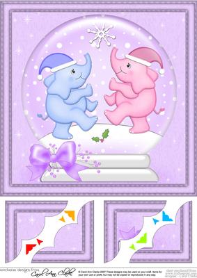 8 x 8 Xmas Elephants Snowglobe Scalloped Corner