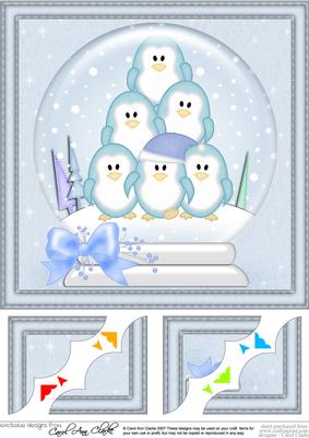 8 x 8 Xmas Penguins Snowglobe Scalloped Corner