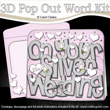 3D Silver Wedding with Roses Pop Out Word Card Kit
