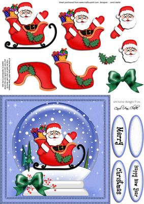 Xmas Santa N Sleigh Snowglobe Quick Card N 3D Decoupage