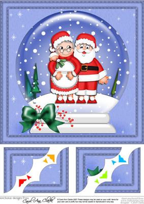 8 x 8 Xmas Santa N Mrs Claus Snowglobe Scalloped Corner