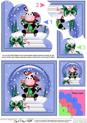 Xmas Sledging Milly Moo Snowglobe Shell Edged Corner Stacker