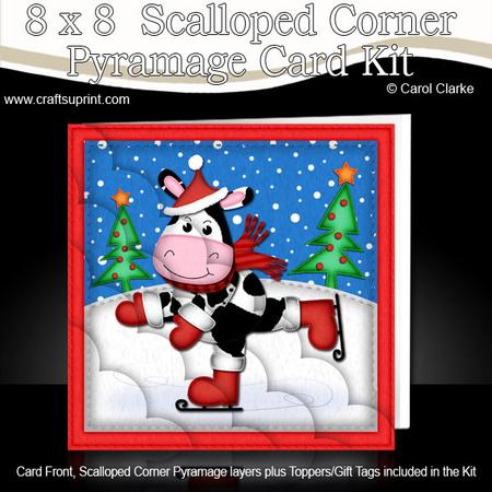 8 x 8 Xmas Skating Milly Moo Card Scalloped Corner Kit