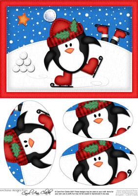 A5 Xmas Skating Penguin Oval Pyramage Topper