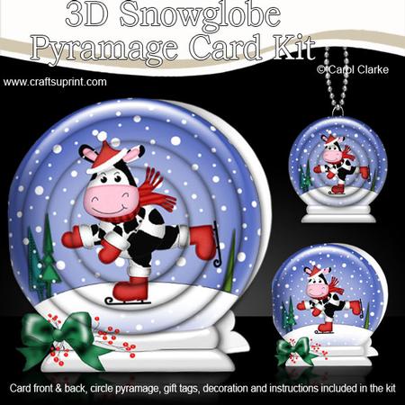 3D Xmas Skating Milly Moo Snowglobe Circle Pyramage Card Kit