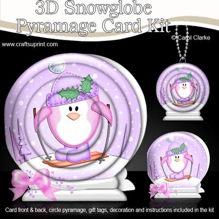 3D Xmas Skiing Penguin Snowglobe Circle Pyramage Card Kit