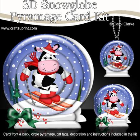 3D Xmas Skiing Milly Moo Snowglobe Circle Pyramage Card Kit