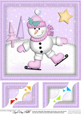 8 x 8 Xmas Skating Snowman Scalloped Corner Topper