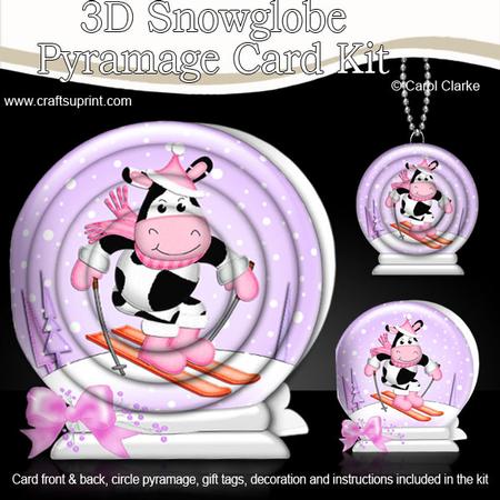 3D Xmas Skiing Milly Moo Snowglobe Circle Pyramage Card
