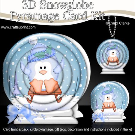 3D Xmas Sledging Penguin Snowglobe Circle Pyramage Card