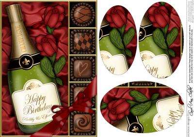 A5 Birthday Champers Chocs N Roses Oval Pyramage Topper