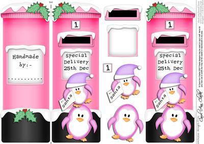Xmas Cute Penguins Postbox Shaped Card N 3D Decoupage