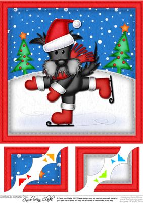 8 x 8 Xmas Skating Scottie Dog Scalloped Corner Topper
