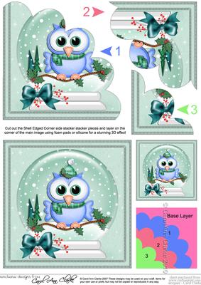Xmas Little Hoot Owl Snowglobe Shell Edged Corner Stacker