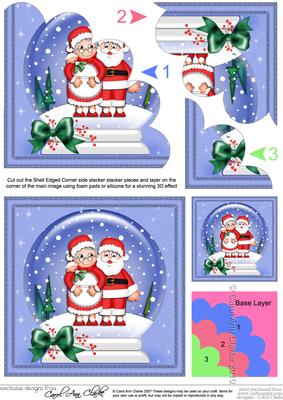 Xmas Mr N Mrs Claus Snowglobe Shell Edged Corner Stacker