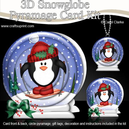 3D Xmas Skiing Penguin Snowglobe Circle Pyramage Card Kit