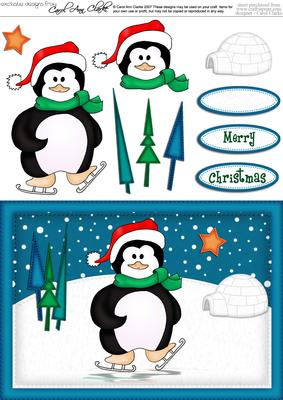 A5 Xmas Skating Penguin Quick Card N 3D Decoupage