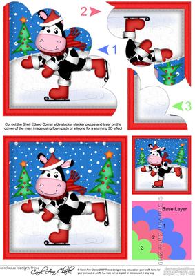 Xmas Skating Milly Moo Cow Shell Edged Corner Side Stacker