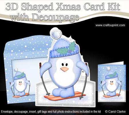 Xmas Skiing Penguin Shaped Card with Decoupage