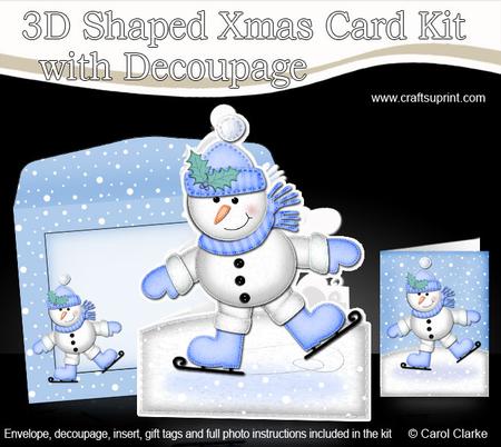 Xmas Skating Snowman Shaped Card with Decoupage