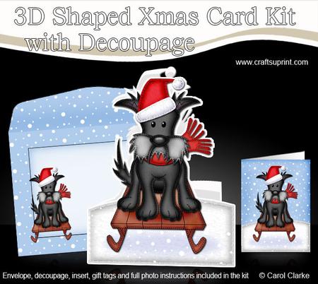 Xmas Sledging Hamish Scottie Dog Shaped Card with Decoupage