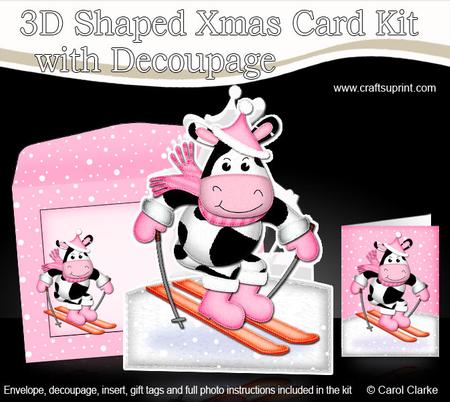 Xmas Skiing Milly Moo Cow Shaped Card with Decoupage