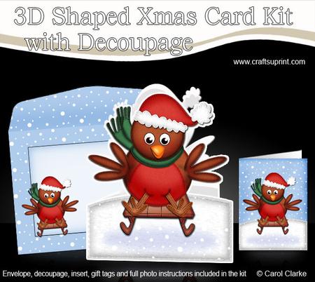 Xmas Sledging Robin Shaped Card with Decoupage