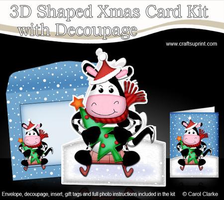 3D Xmas Milly Moo Cow's Tree Shaped Card with Decoupage