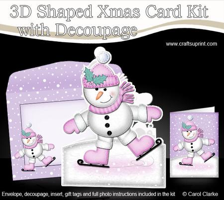 3D Xmas Skating Snowman Shaped Card with Decoupage