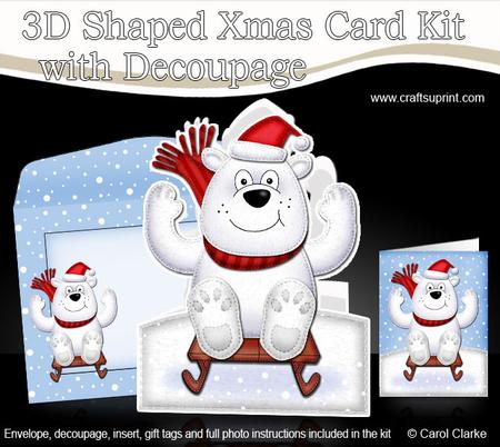 3D Xmas Sledging Polar Bear Shaped Card with Decoupage