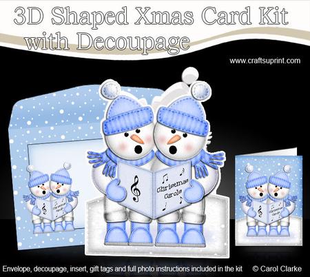 3D Xmas Singing Snowmen Shaped Card with Decoupage