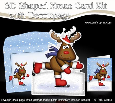 3D Xmas Skating Rudolph Shaped Card with Decoupage