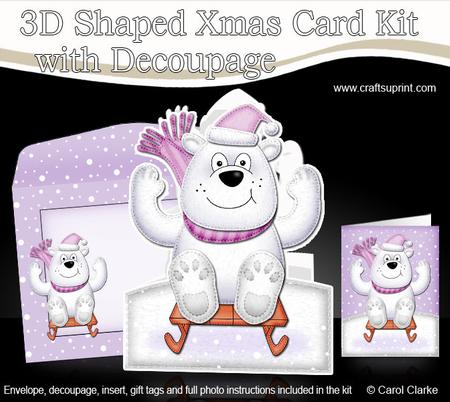 3D Xmas Sledging Polar Bear Shaped Card with Decoupage