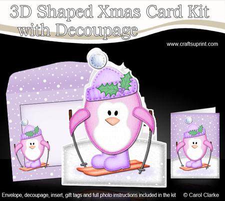 3D Xmas Skiing Penguin Shaped Card with Decoupage