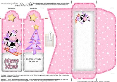 Xmas Skiing Milly Moo Cow Bookmark Card N Envelope
