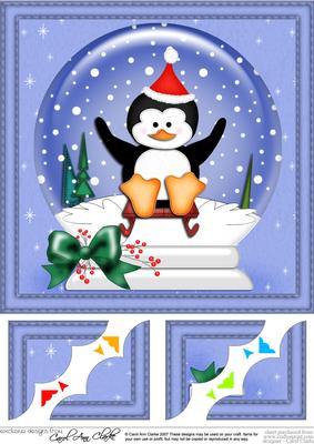 8 x 8 Xmas Sledging Penguin Snowglobe Scalloped Corner
