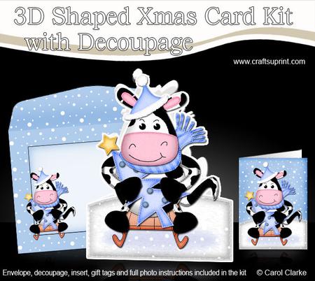 3D Xmas Sledging Milly Moo Cow Shaped Card with Decoupage