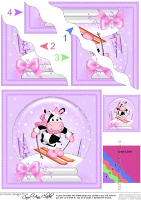 Xmas Skiing Milly Moo Cow Snowglobe Wavy Corner Stacker